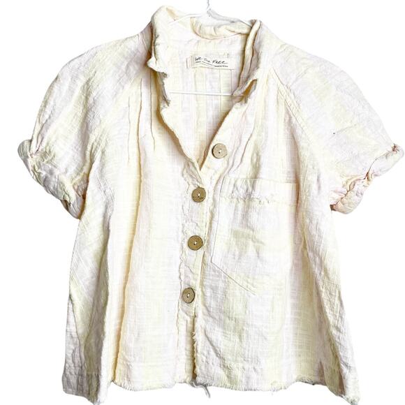 Free People Away At Sea Linen Frayed Button Yellow Short Sleeve Crop Top Small - Picture 3 of 13